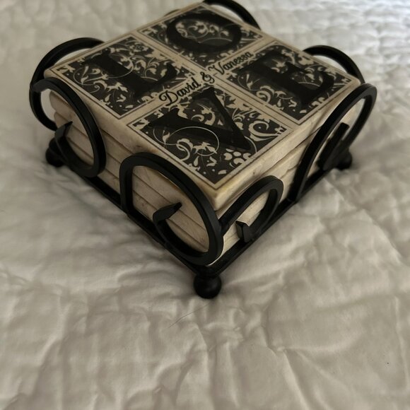 4 Love David & Vanessa Drink Marble Coasters 4" Holder Black White 2lbs 14oz - Picture 3 of 8